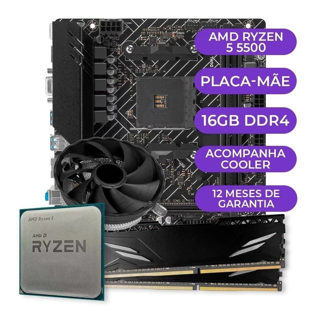 Kit AMD Ryzen 5 5500 + Placa Mãe A520M + 16GB DDR4
