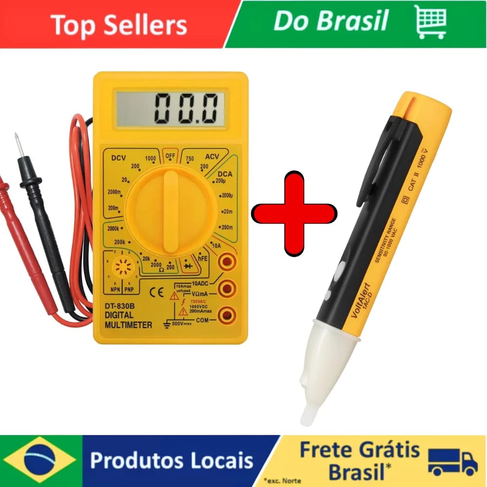 Kit Multímetro Digital + Caneta Detectora de Tensão com Bip