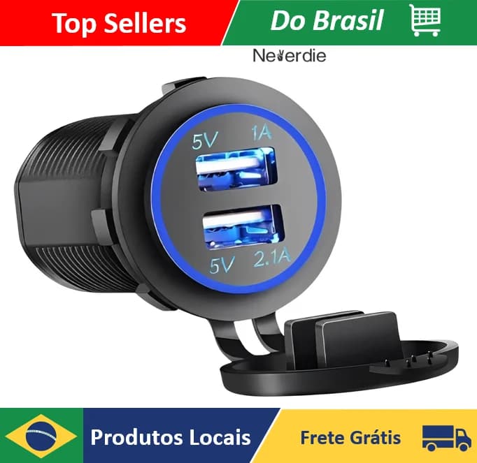 Tomada carregadora USB veicular de embutir, 2 USB-A (1 A + 2,1 A), cor aleatória