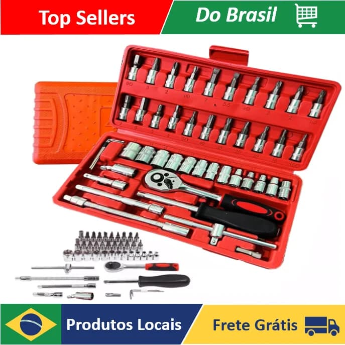 Kit de Chaves com Catraca Reversível e Soquetes, 46 Peças com Maleta