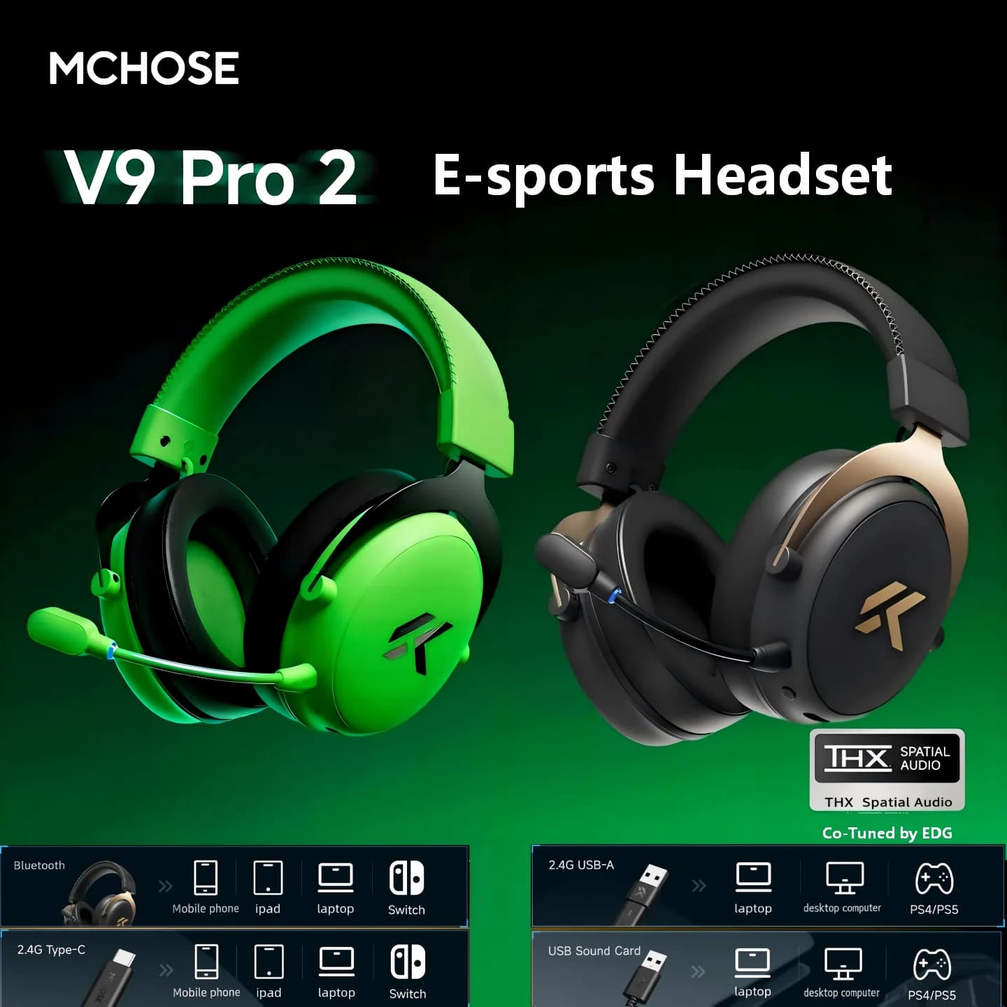 MCHOSE V9 Pro 2 E-sports Wireless Gaming Headset 4-Mode THX Spatial Audio 53mm