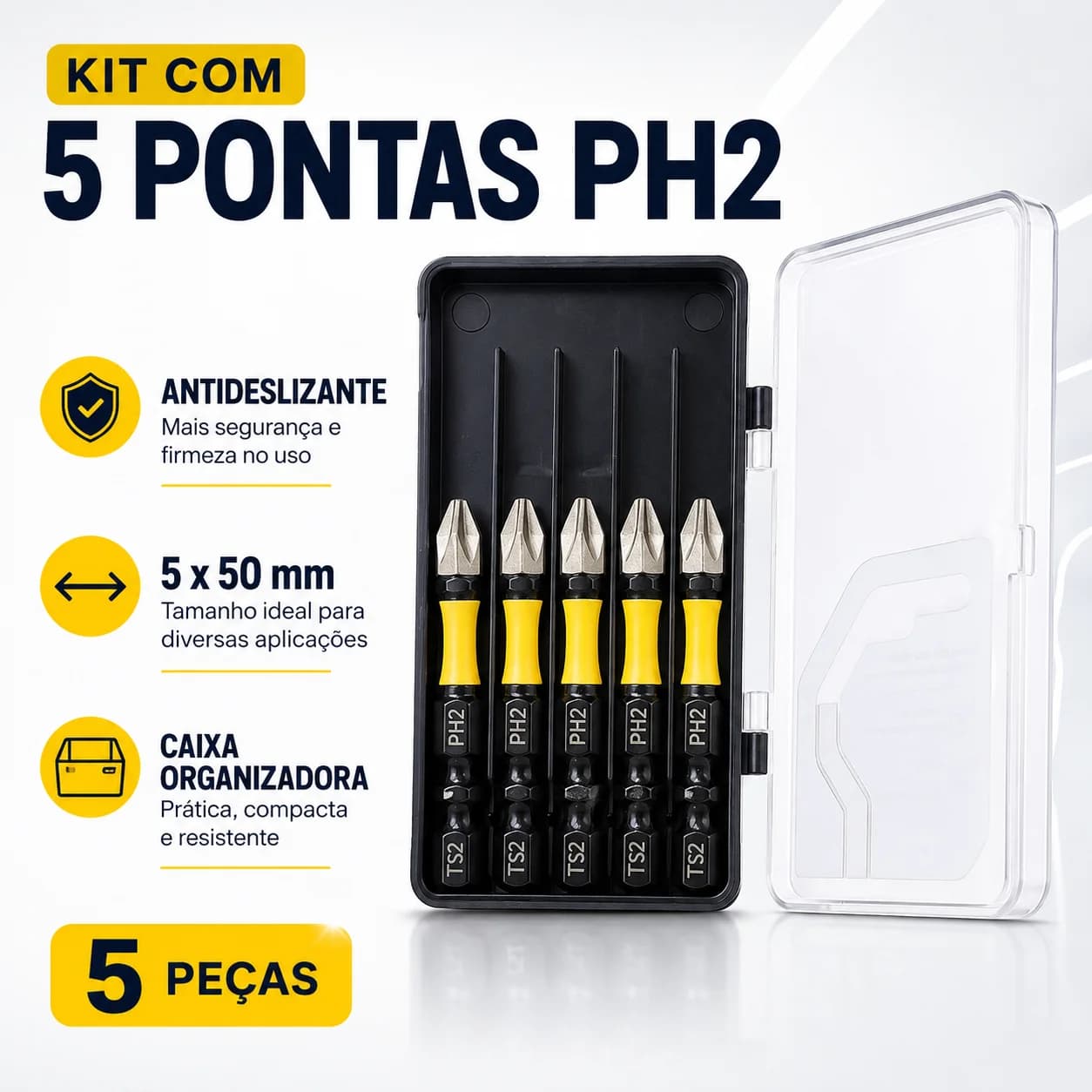 Kit de 5 Ponteiras Phillips PH2 Magnéticas de 50 mm com Estojo