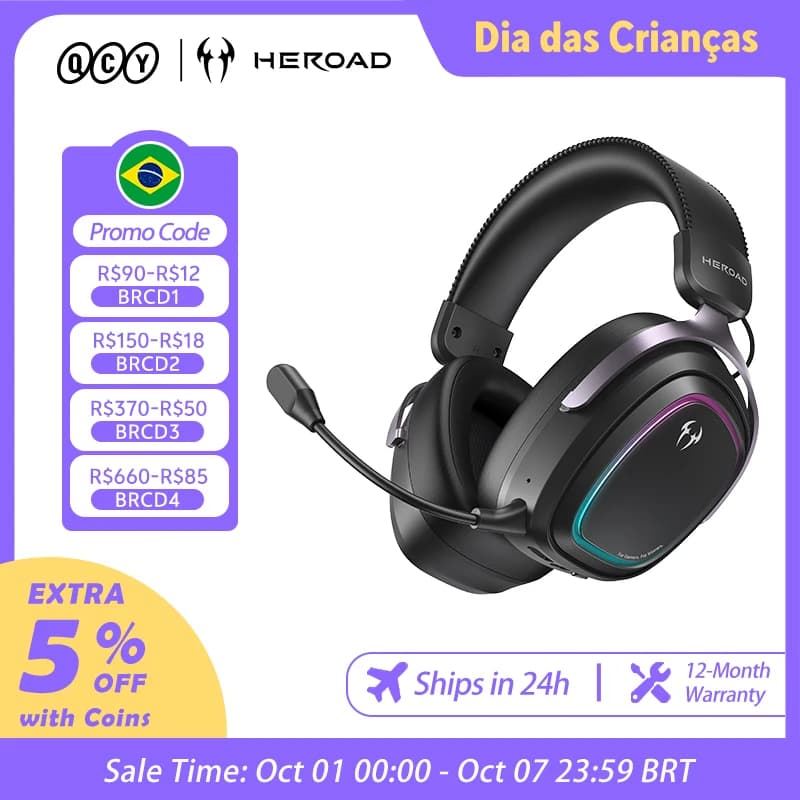 Fone QCY Headset Gamer BH26H5GMA Heroad GT2 THX Spatial Audio+ 7.1.4 RGB