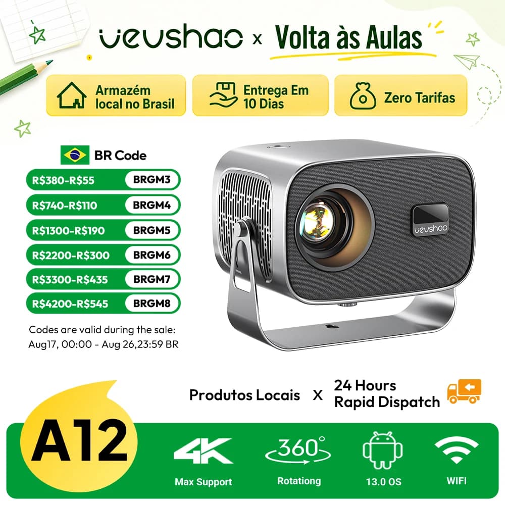 Projetor Vevshao A12, Android 11, Wifi 6, 350 ANSI lumens