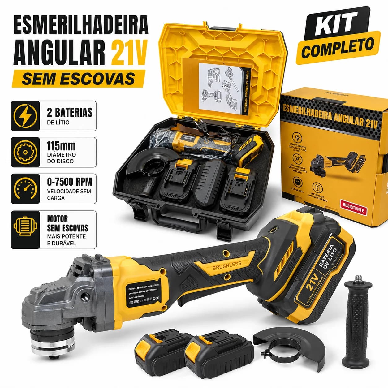 Esmerilhadeira Angular sem Escovas 21 V 115 mm com 2 Baterias