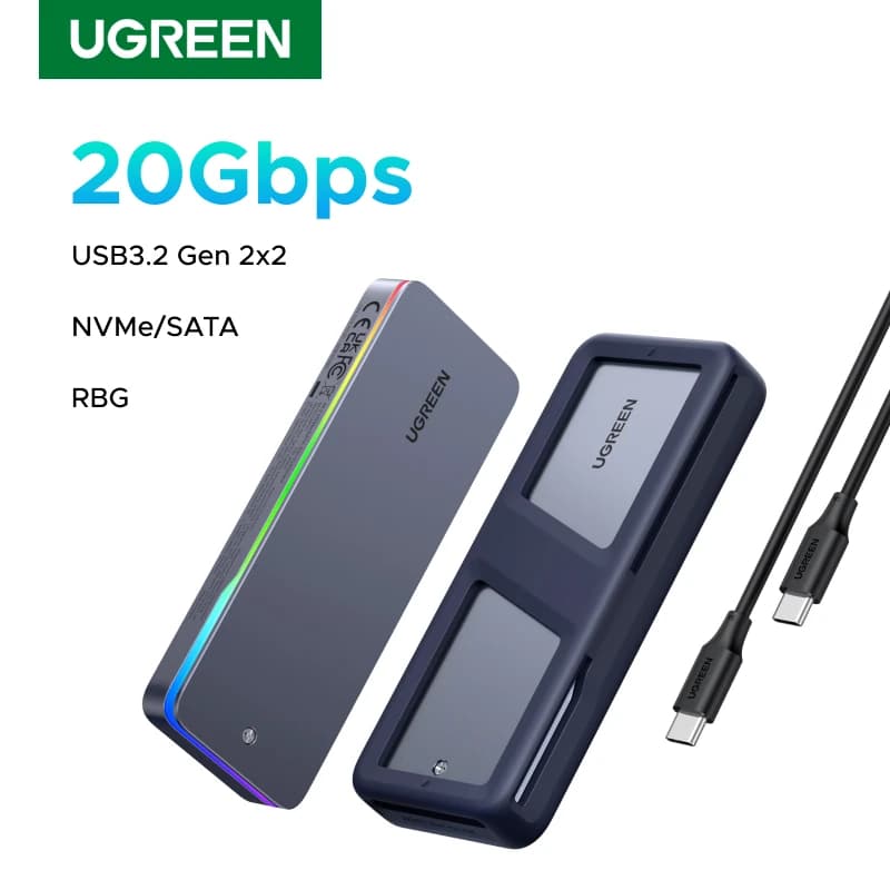 Case para NVME UGREEN 20Gbps M.2 SSD, USB 3.2 Gen2, efeito de iluminação RGB