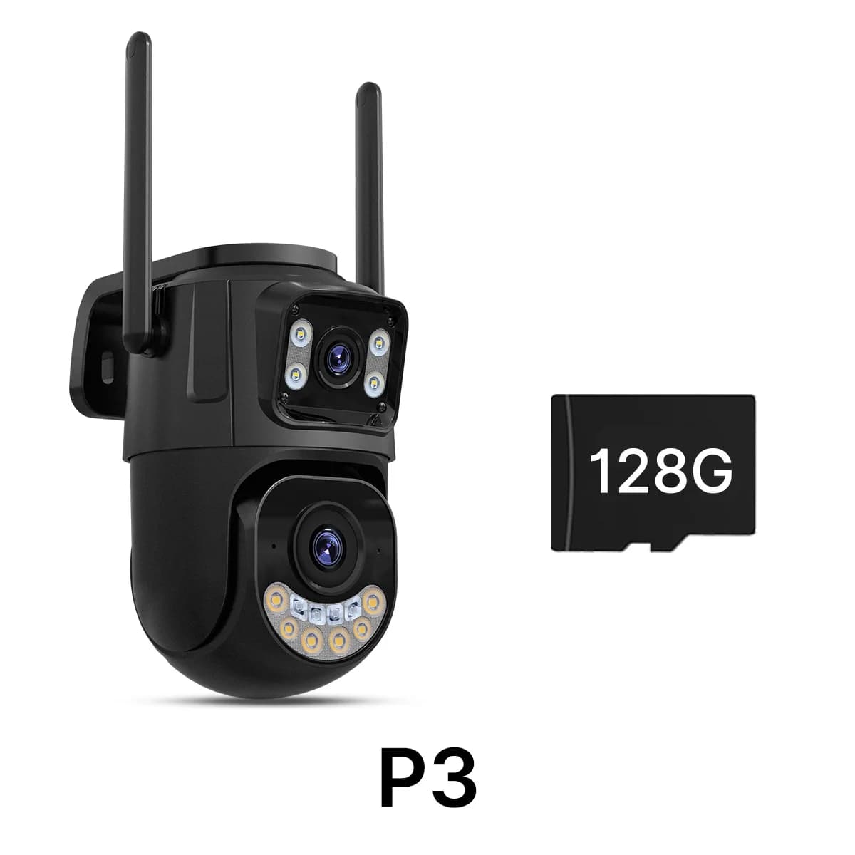 Câmera de Segurança IP P3 Preta Wi-Fi PTZ Dupla Lente com Cartão SD de 128 GB