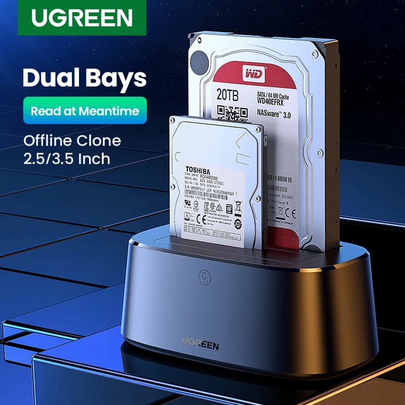 Dock station UGREEN CM198 de 2 baias SATA com clonagem offline, USB 3.0 e fonte EU