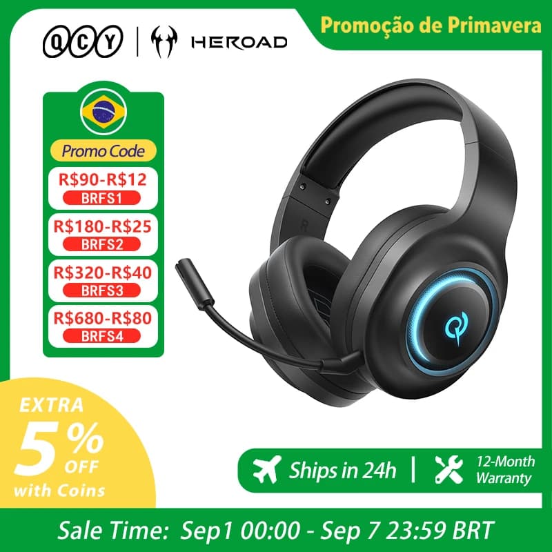 Headset QCY Gamer Heroad V200 com microfone, tri-modo, RGB, over-ear, som