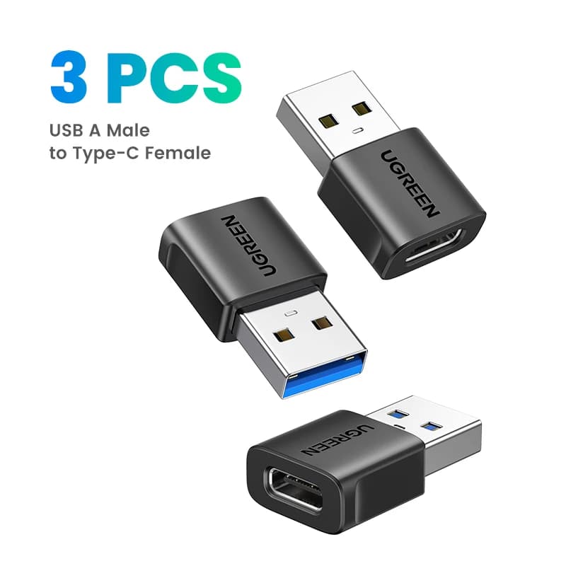 Kit com 3 adaptadores UGREEN US701 USB-A macho para USB-C fêmea, preto