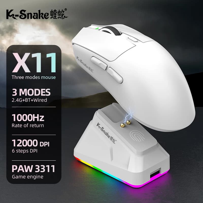 Mouse Sem Fio K-Snake x11 Com Dock PAW3311, 22000DPI, paw 331, Trimode, 1000hz