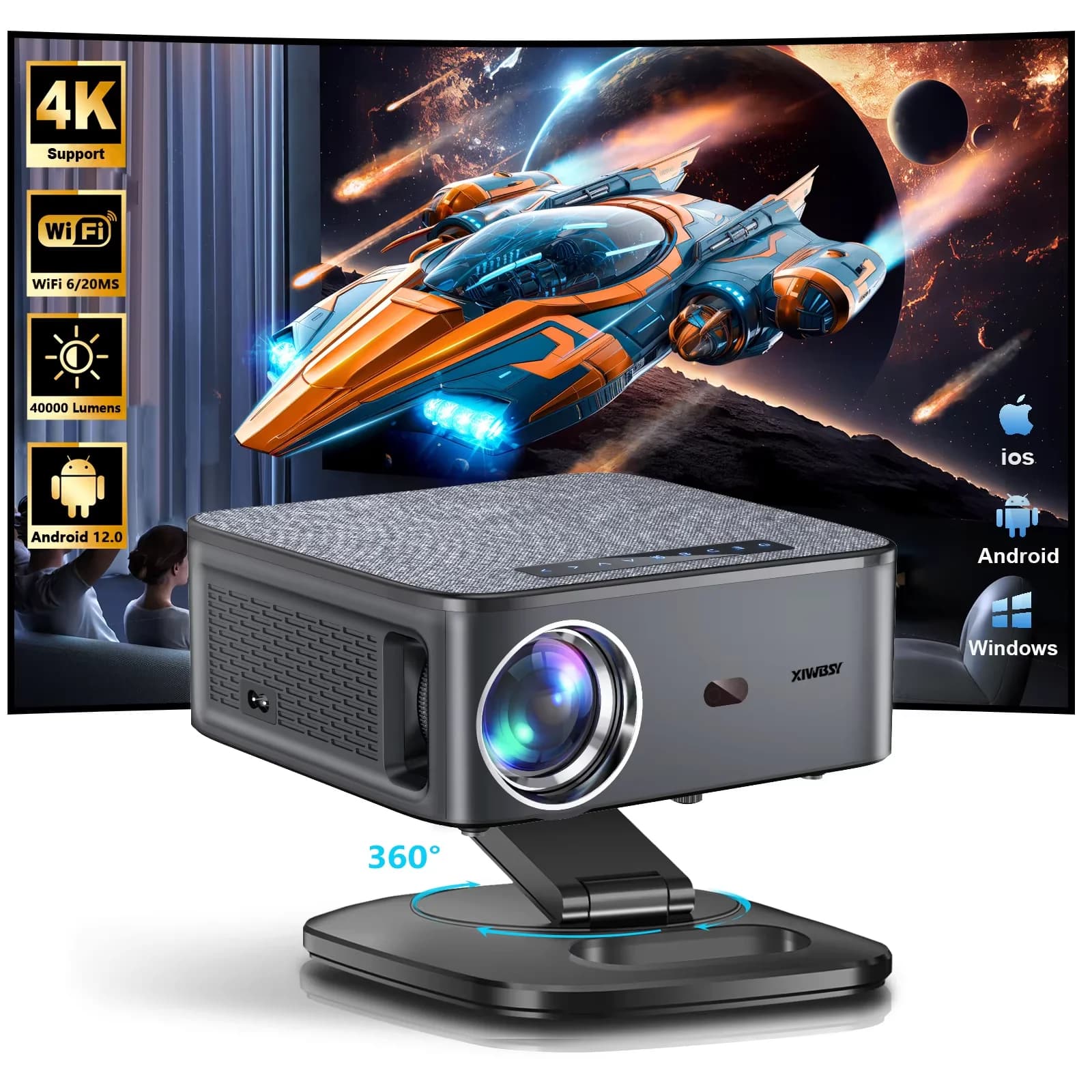 Projetor XIWBSY 2025 T08, 40000 Lumens, Android, Decodificação 8K, Foco