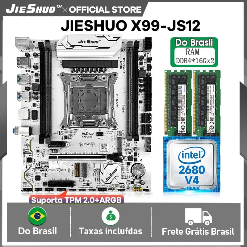 Placa mãe Jieshuo X99 JS12 Argb Chipset C612 + suporte ao tpm 2.0, Quad Channel