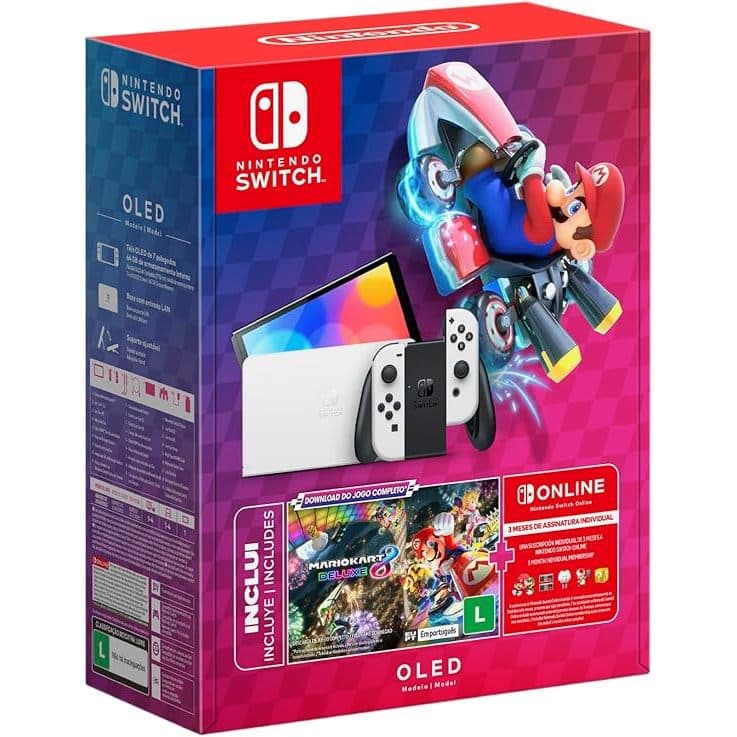 Console Nintendo Switch OLED 64 GB Branco + Mario Kart 8 Deluxe Digital + 3 Meses Nintendo Switch Online