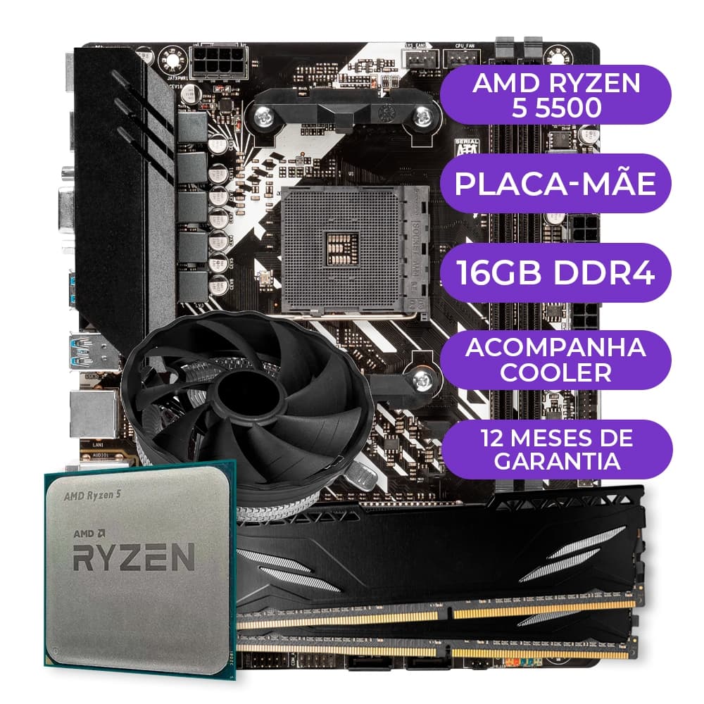Kit AMD Ryzen 5 5500 + Placa Mãe B450M + 16GB DDR4