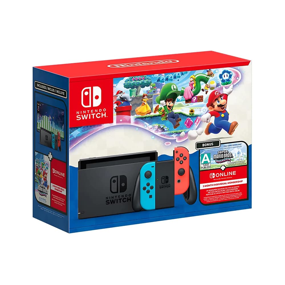 Nintendo Switch V2 Azul Neon/Vermelho Neon + Super Mario Bros. Wonder + 3 meses Nintendo Switch Online