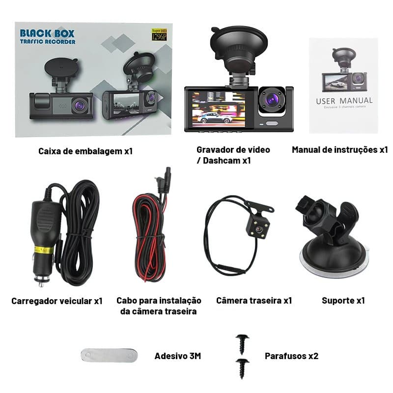 Dashcam automotiva 3 câmeras (frontal, interna e traseira) com tela LCD e visão noturna