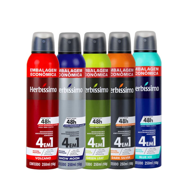 Kit Desodorante Antitranspirante Aerossol Herbíssimo 250 ml Embalagem Econômica, Fragrâncias Variadas, 5 Unidades