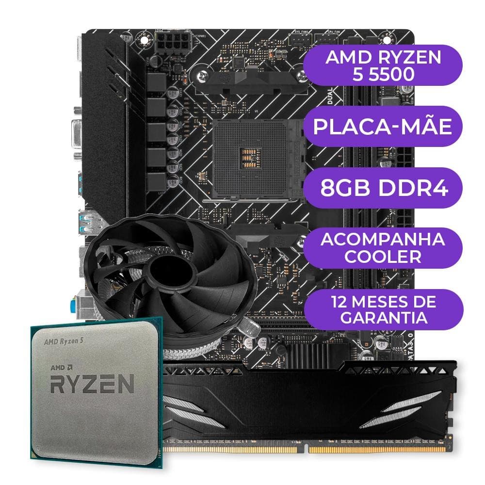 Kit AMD Ryzen 5 5500 + Placa Mãe AM4 + 8GB DDR4