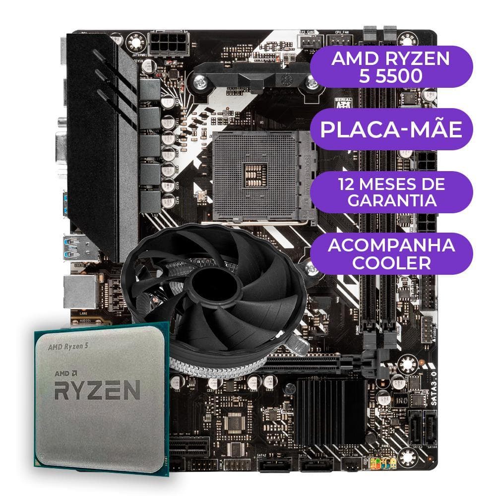 Kit AMD Ryzen 5 5500 + Placa Mãe B450M