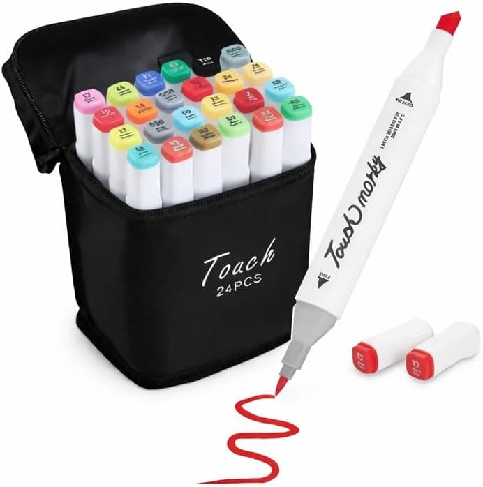 Kit de 24 Canetas Marcador Permanente Ponta Dupla Touch Coloridas para Desenho com Estojo Organizador