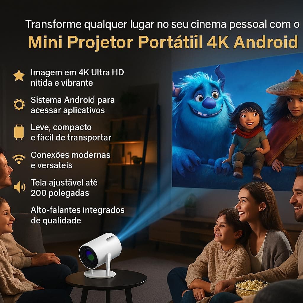 Mini Projetor Portátil 5G Wi-Fi 6 Bluetooth 5.0 Android 11 4K 1080P Full HD 8000