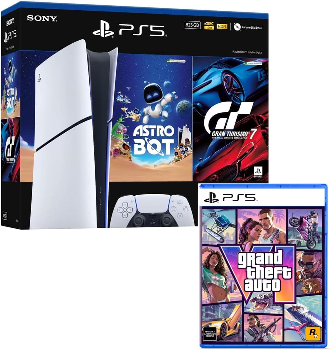 Bundle PlayStation 5 Slim Edição Digital 825 GB + ASTRO BOT + Gran Turismo 7 + Grand Theft Auto VI