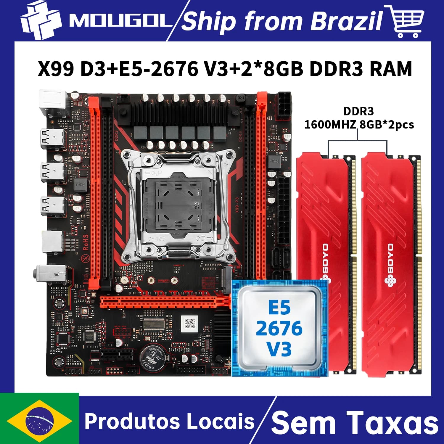 Kit Xeon E5-2676 V3 + Placa Mãe MOUGOL X99 + 2x8GB DDR3