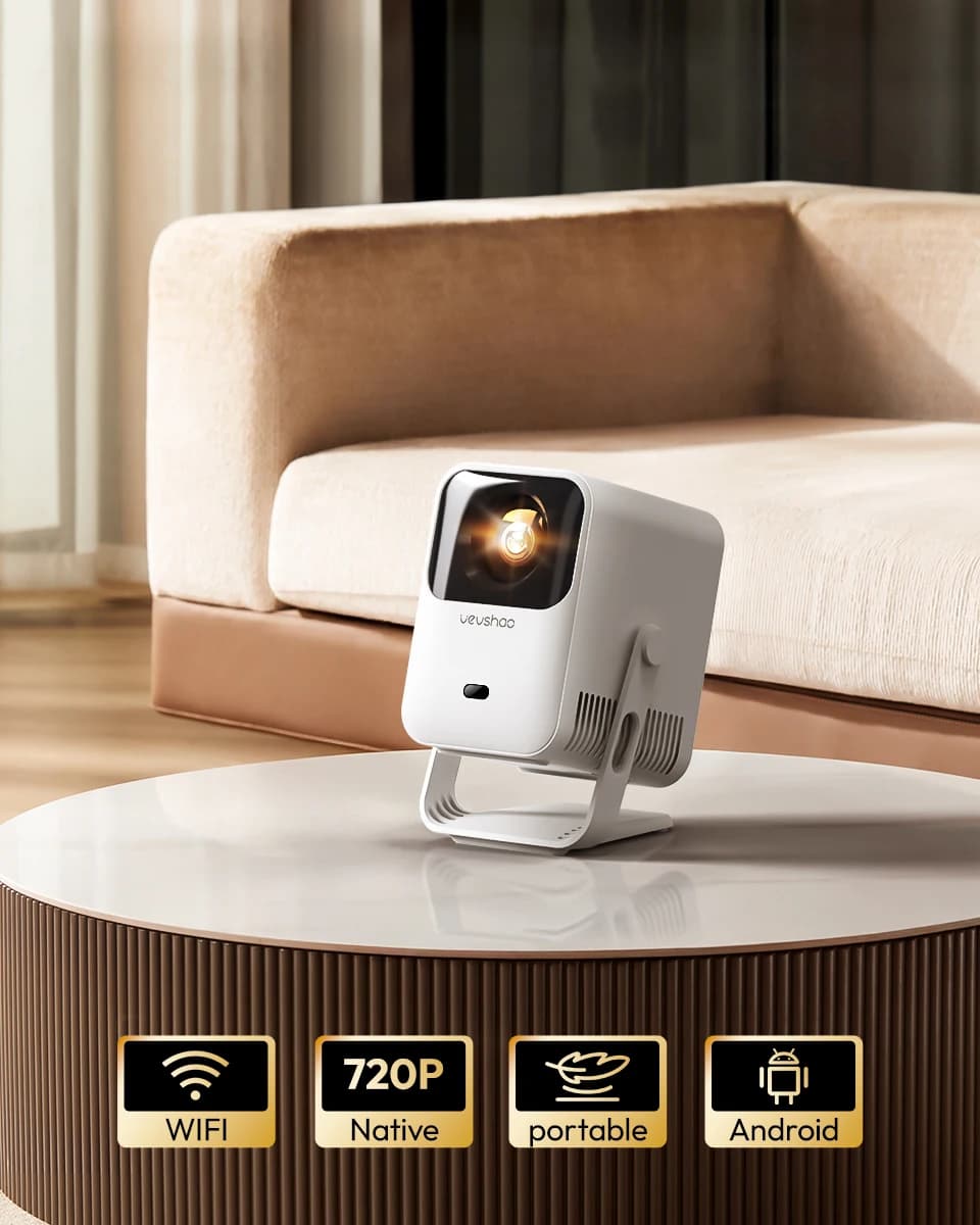 Projetor Android13 4K do foco automático de VEVSHAO A15 com Wifi6 BT5.4 360 ° Projetor Portátil Vídeo Externo Home Cinema Home Theater