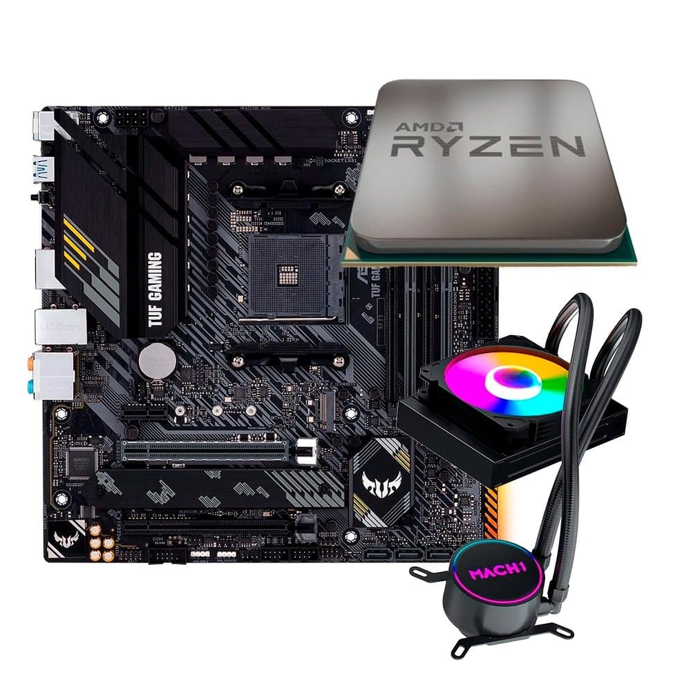 Kit AMD Ryzen 7 5700X + Placa Mãe ASUS TUF Gaming B550M-Plus + Water Cooler MACH1 Logic 120 GK120