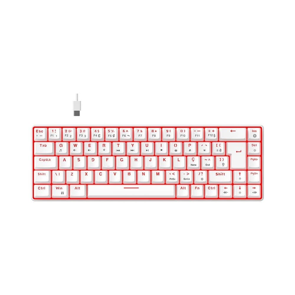 Teclado Mecânico Gamer Hyrax Thunder Pro, Switch Huano Vermelho, LED Vermelho, Layout 65%, USB-C, ABNT2, Branco - HCK65W-RED-LED