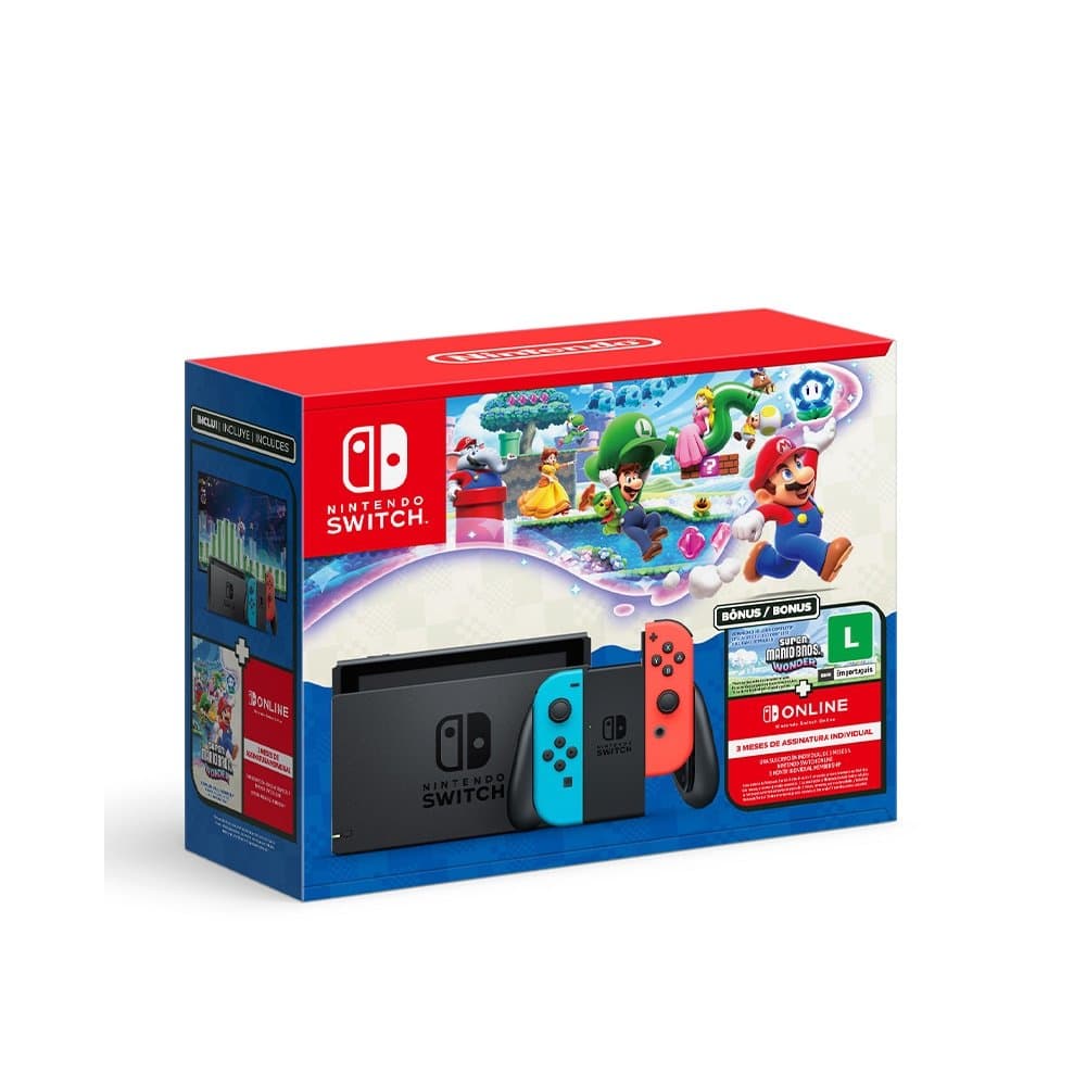 Console Nintendo Switch 32 GB Joy-Con Azul Neon/Vermelho Neon + Super Mario Bros. Wonder + 3 Meses Nintendo Switch Online