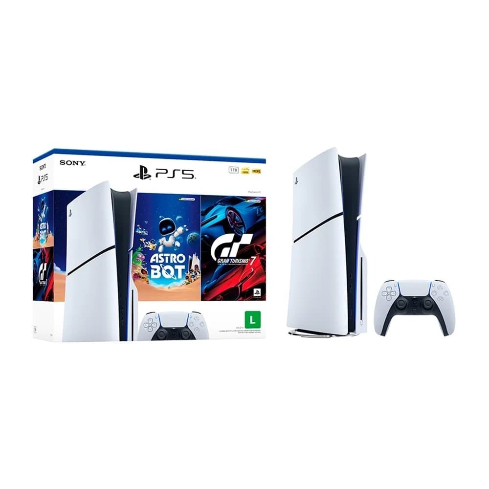 Console Sony PlayStation 5 Slim CFI 2114A com Leitor de Discos, Armazenamento 1TB, DualSense + ASTRO BOT e Gran Turismo 7