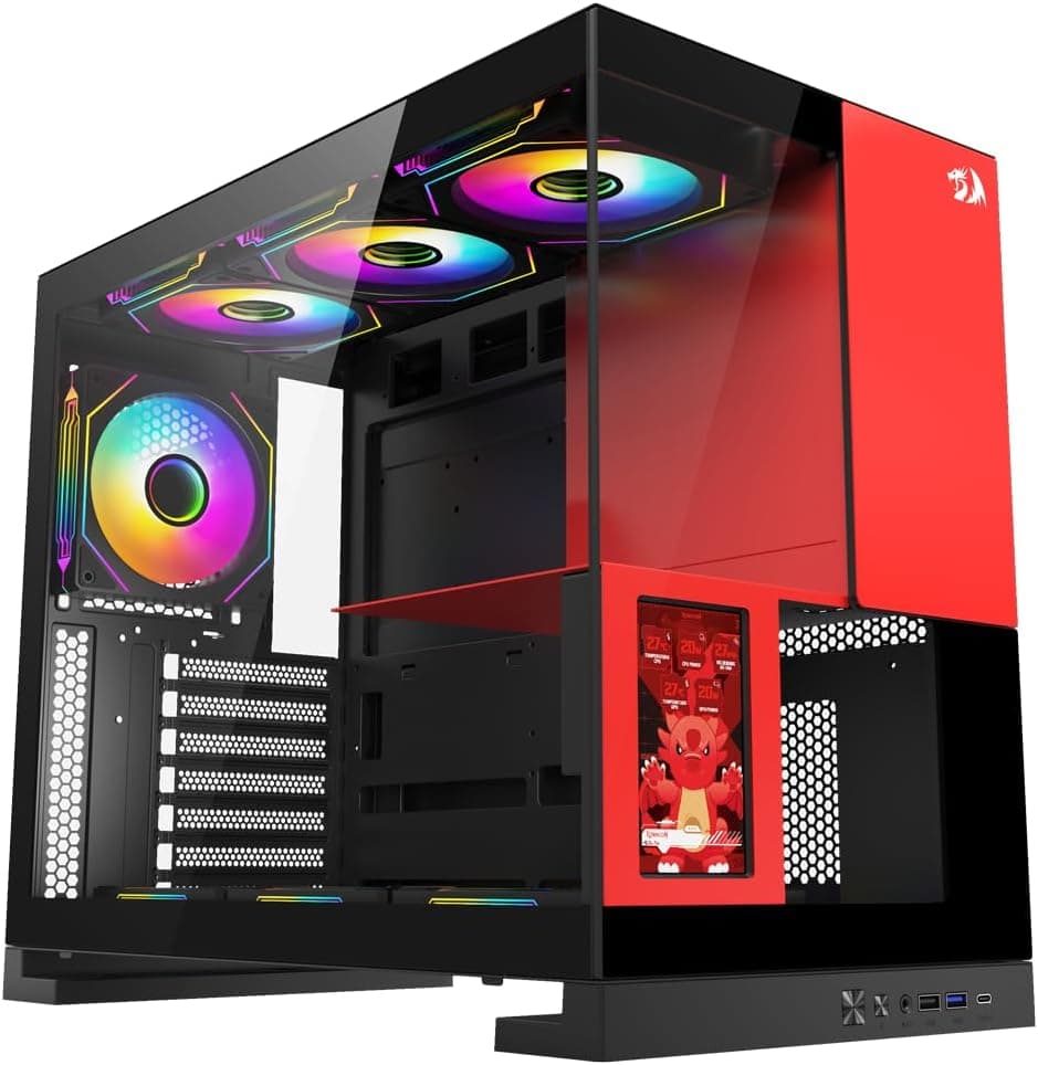 Gabinete Gamer Redragon Eternal Pro Preto e Vermelho Sem Fans com Tela LCD