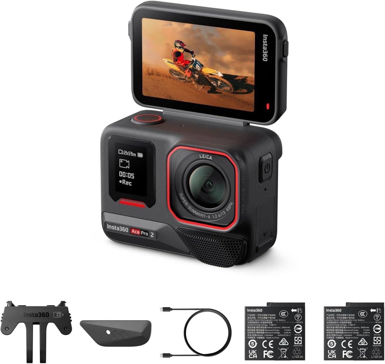 Câmera de ação Insta360 Ace Pro 2, pacote com duas baterias, Midnight Black