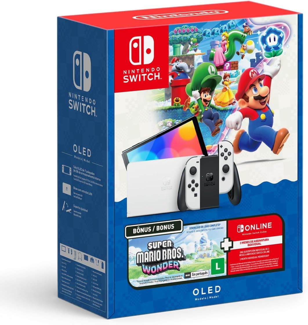 Nintendo Switch OLED Branco + Super Mario Bros. Wonder + 3 Meses Nintendo Switch Online